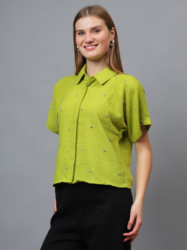 Gaiia Stone Collar Printed Crop Shirt - GAIIA