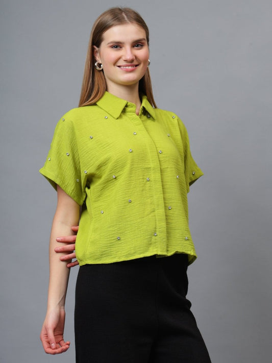 Gaiia Stone Collar Printed Crop Shirt - GAIIA