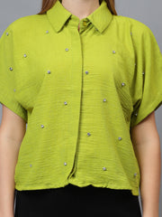 Gaiia Stone Collar Printed Crop Shirt