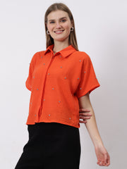 Gaiia Stone Collar Printed Crop Shirt