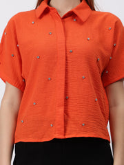 Gaiia Stone Collar Printed Crop Shirt