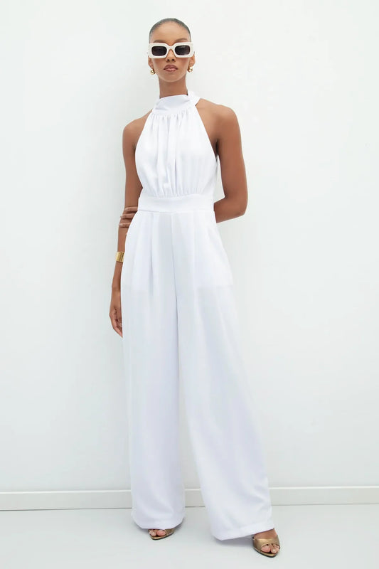 Gaiia Halter Neck Sleeveless Solid Color Jumpsuit - White