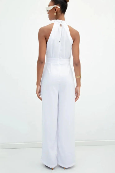 Gaiia Halter Neck Sleeveless Solid Color Jumpsuit - White - GAIIA