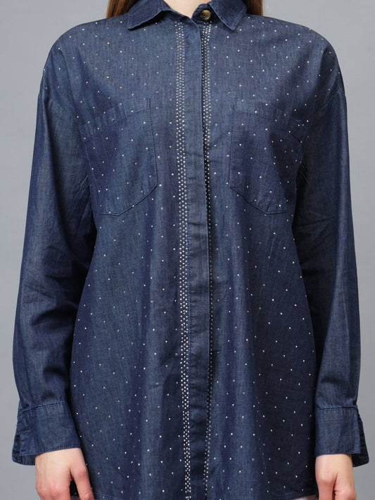 Gaiia Swaroski Studded Blue Denim Shirt - Blue - GAIIA
