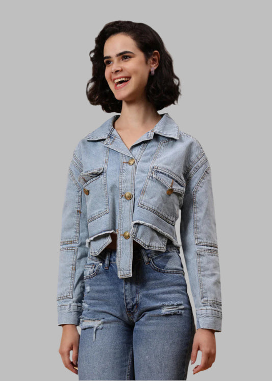 Gaiia Cropped Sky Blue Denim Jacket - Blue