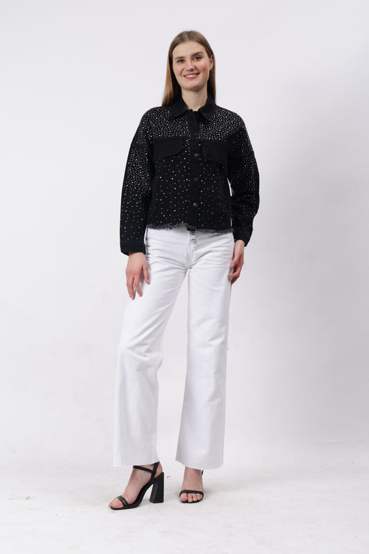 Gaiia Swaroski Studded Black Denim Jacket - Black