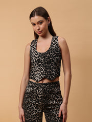 Gaiia Leopard Print Denim Waistcoat - Black