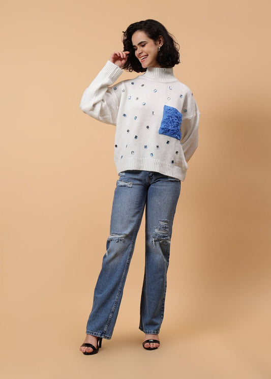 Gaiia High Neck White Embellished Pullover With Pocket - GAIIA