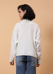 Gaiia High Neck White Embellished Pullover With Pocket