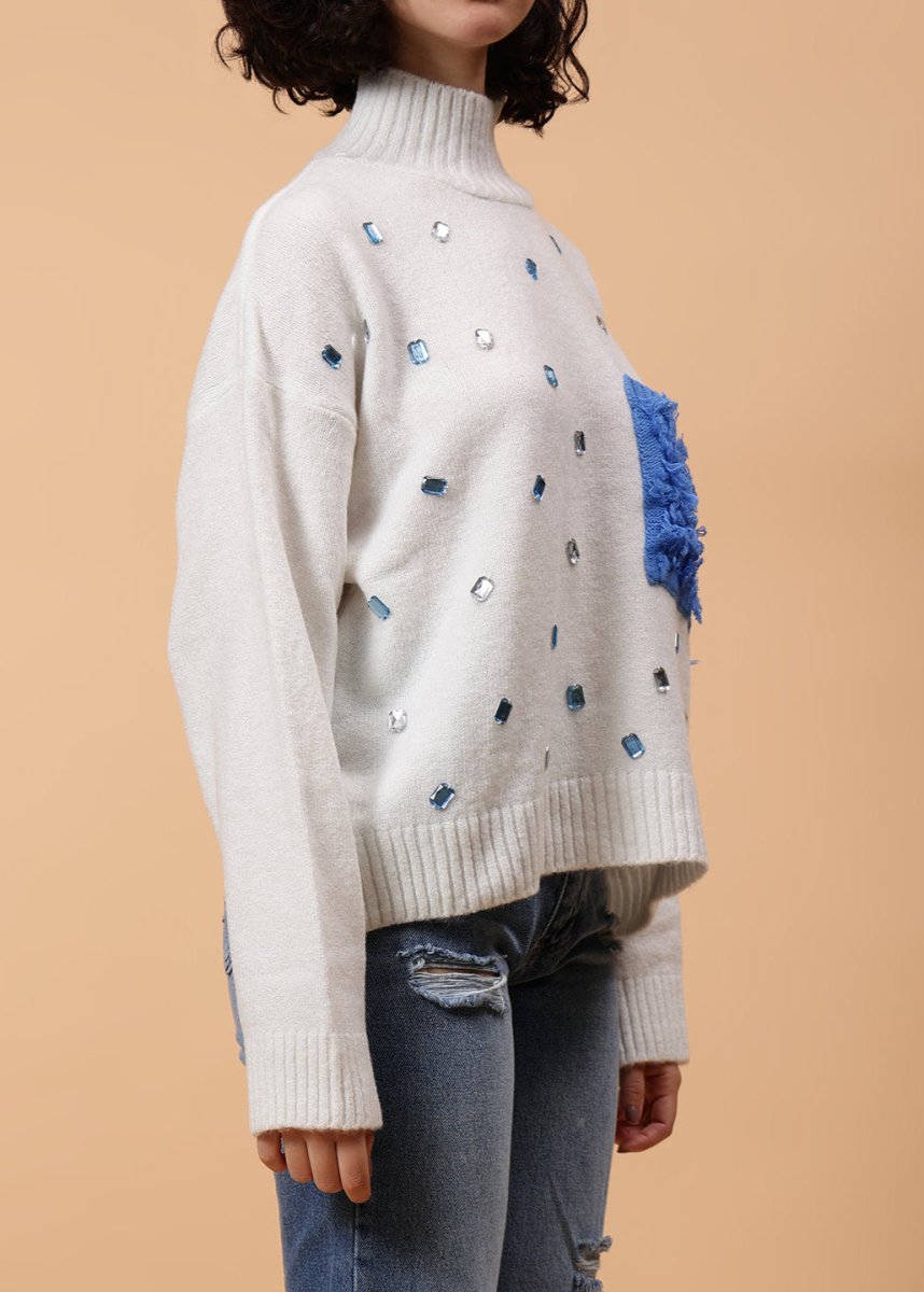 Gaiia High Neck White Embellished Pullover With Pocket - GAIIA