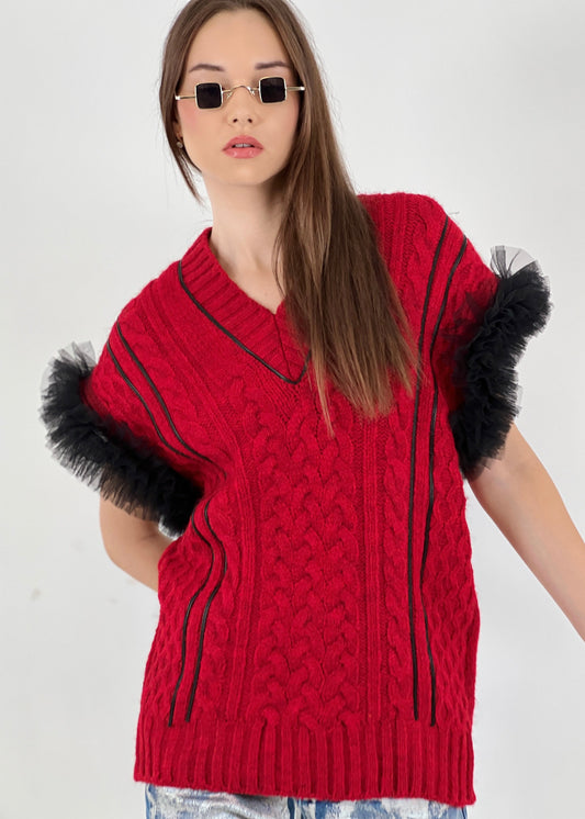 Gaiia Sleeveless Knit Vest With Tulle Sleeves