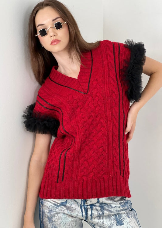 Gaiia Sleeveless Knit Vest (Sweater) With Tulle Sleeves - GAIIA