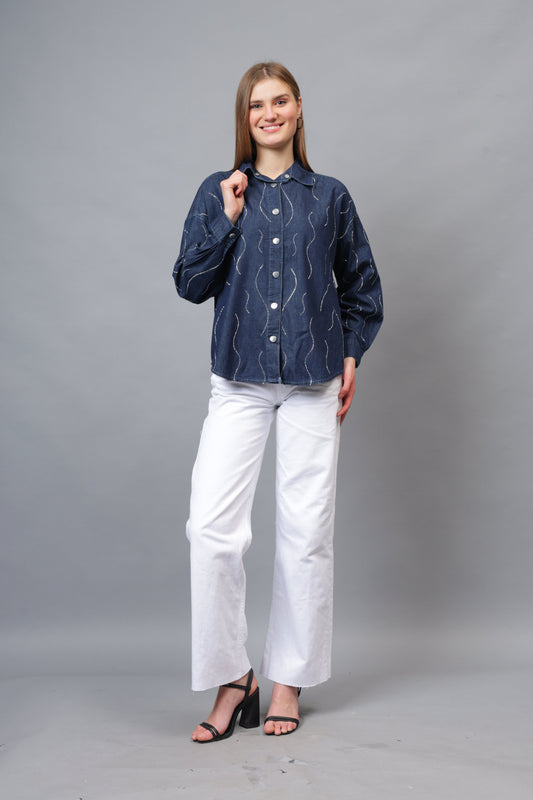 Gaiia Wavy Shimmer Denim Shirt