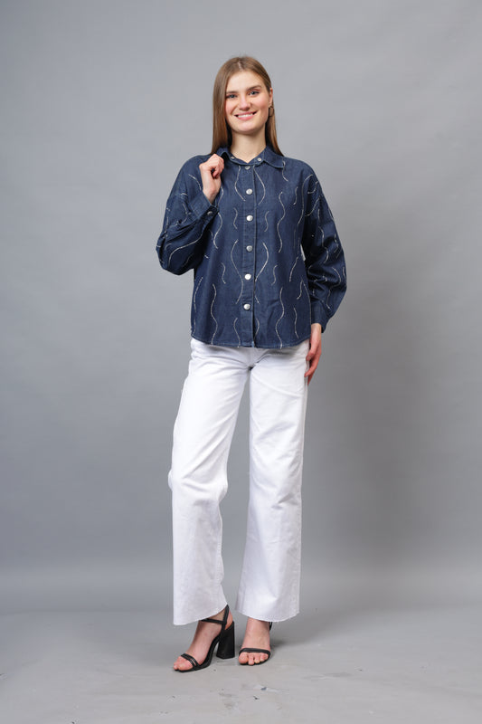 Gaiia Wavy Shimmer Denim Shirt