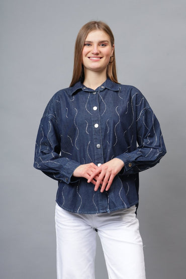 Gaiia Wavy Shimmer Denim Shirt - GAIIA