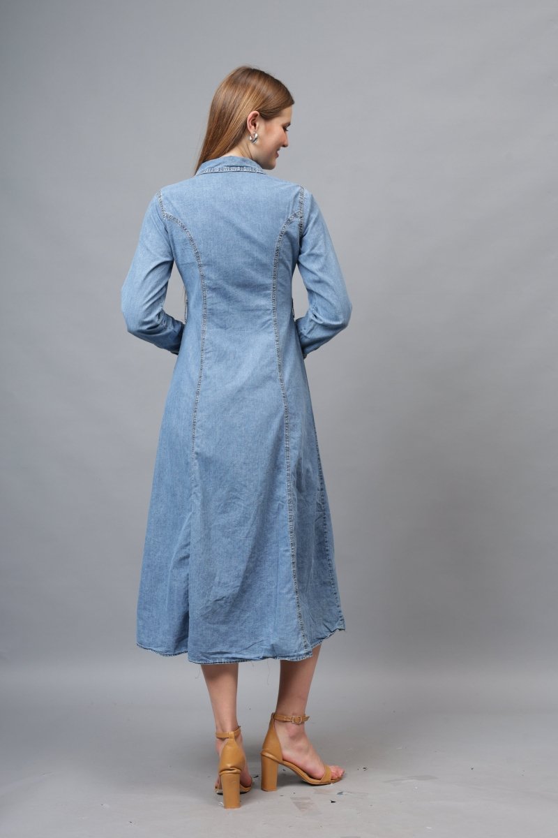 Gaiia Denim Long Buttoned Dress - Blue - GAIIA