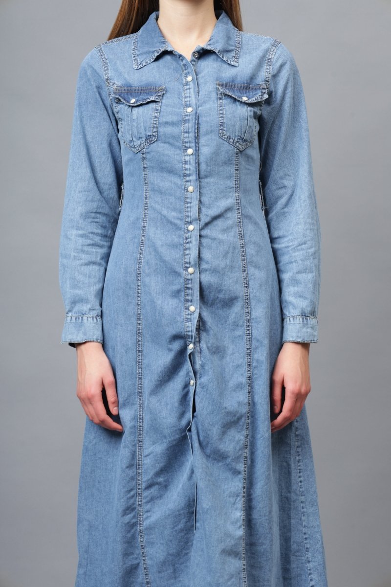 Gaiia Denim Long Buttoned Dress - Blue - GAIIA