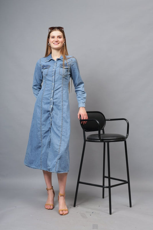 Gaiia Denim Long Buttoned Dress - Blue - GAIIA