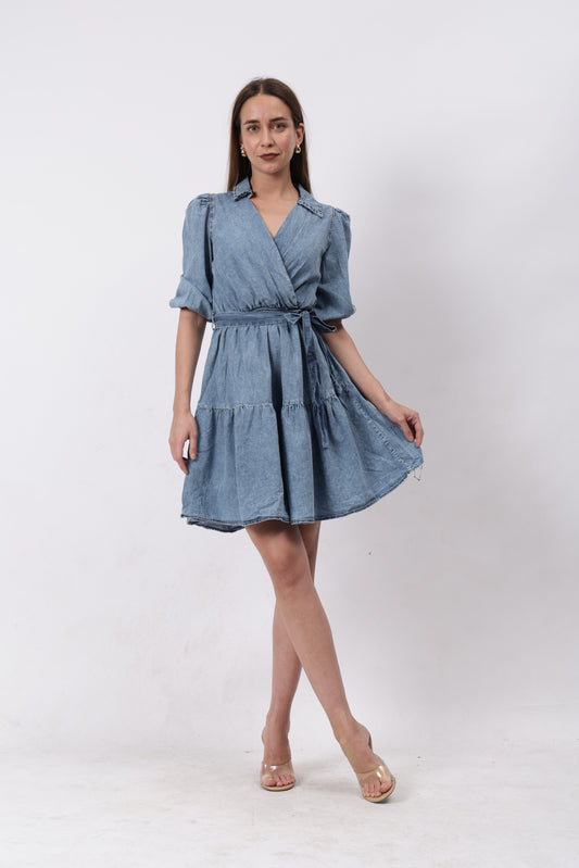 Gaiia Wrap Around Denim Dress - Blue