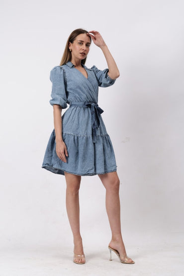 Gaiia Wrap Around Denim Dress - Blue - GAIIA