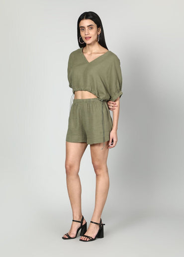 Gaiia Cropped Oversize Top And Skirt Set - Olive Green - GAIIA