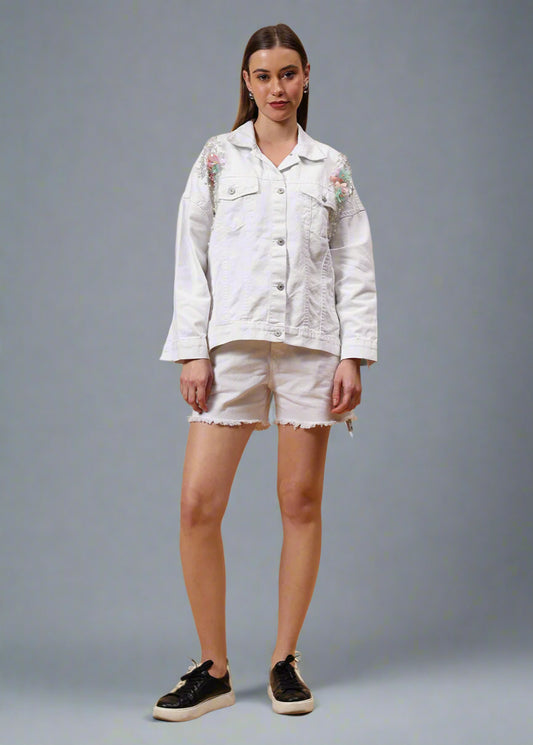 Gaiia Flower Embellished White Denim Jacket - White