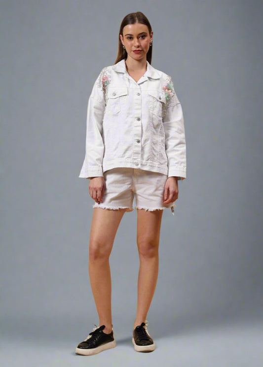 Gaiia Flower Embellished White Denim Jacket - White - GAIIA