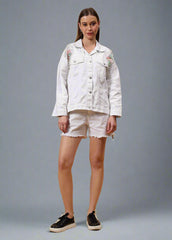 Gaiia Flower Embellished White Denim Jacket - White