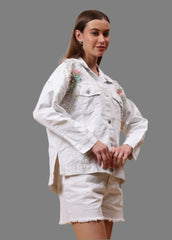 Gaiia Flower Embellished White Denim Jacket - White