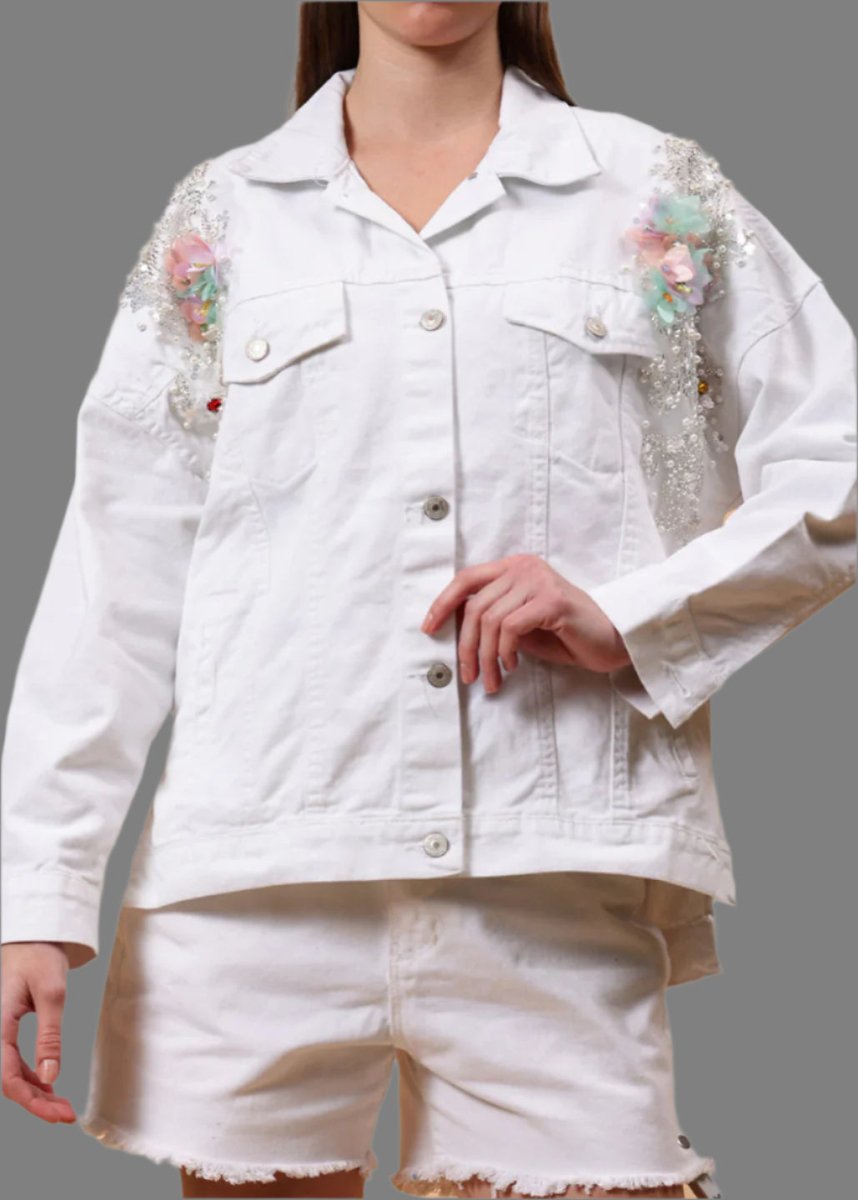 Gaiia Flower Embellished White Denim Jacket - White - GAIIA