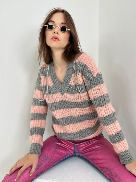 Gaiia Striped Pattern Oversize Knitwear Sweater