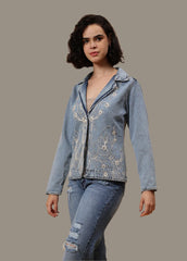 Gaiia Embroided Denim Blazer - Blue