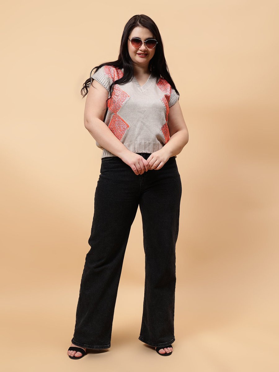 Gaiia Sleeveless V Neck Sweater With Print - Orange - GAIIA