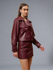 Gaiia Leather Double Breasted Trench Jacket - Cherry