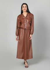 Gaiia Faux Leather Skirt Co-Ord Set - Brown