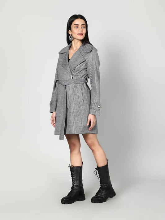 Gaiia Single Breasted Self Striped Zipper Coat - Grey - GAIIA