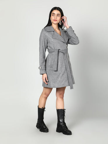 Gaiia Single Breasted Self Striped Zipper Coat - Grey - GAIIA