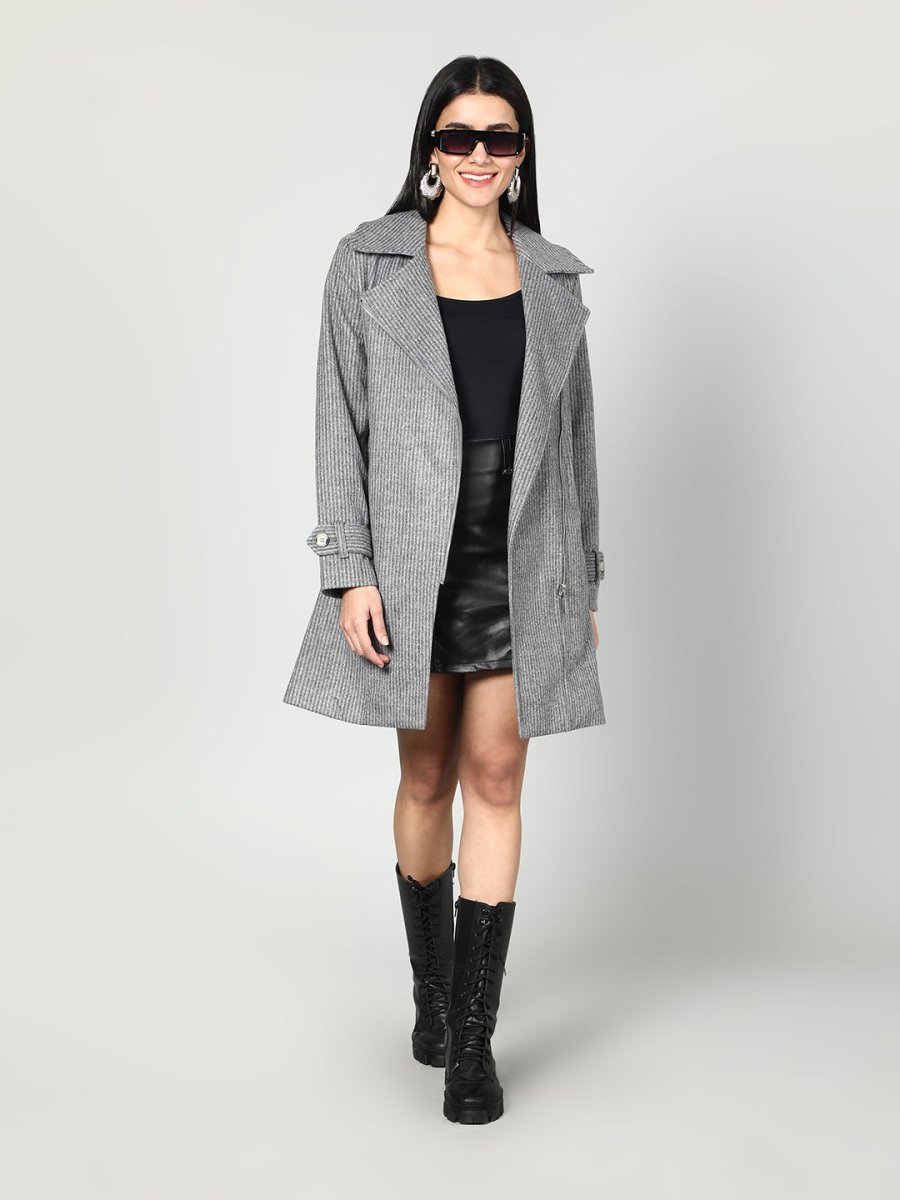 Gaiia Single Breasted Self Striped Zipper Coat - Grey - GAIIA