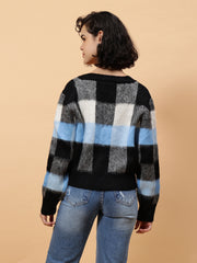 Gaiia Women Checkered V-Neck Cardigan