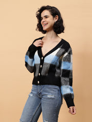 Gaiia Women Checkered V-Neck Cardigan