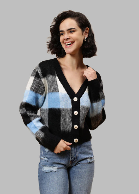 Gaiia Women Checkered V-Neck Cardigan