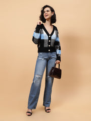 Gaiia Women Checkered V-Neck Cardigan