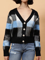 Gaiia Women Checkered V-Neck Cardigan