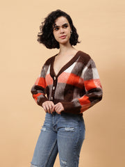 Gaiia Women Checkered V-Neck Cardigan