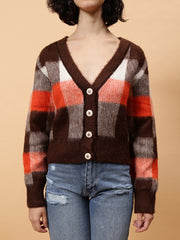 Gaiia Women Checkered V-Neck Cardigan