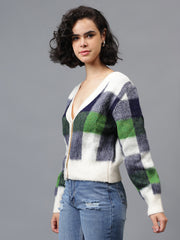 Gaiia Women Checkered V-Neck Cardigan