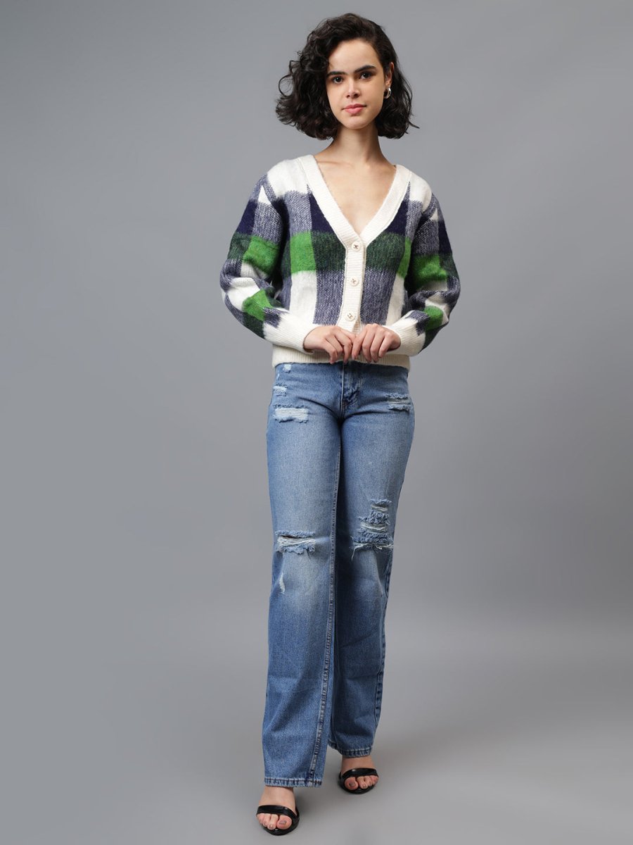 Gaiia Women Checkered V - Neck Cardigan - GAIIA