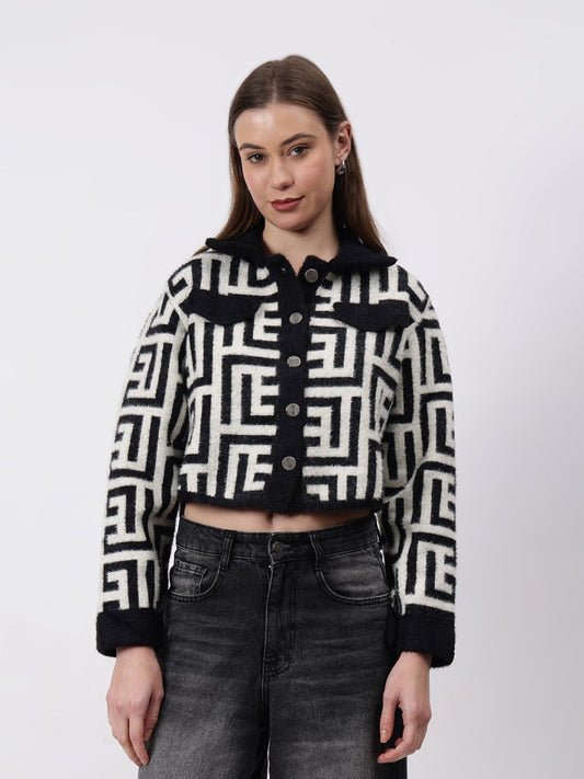 Gaiia Geometric Print Collared Shacket - GAIIA