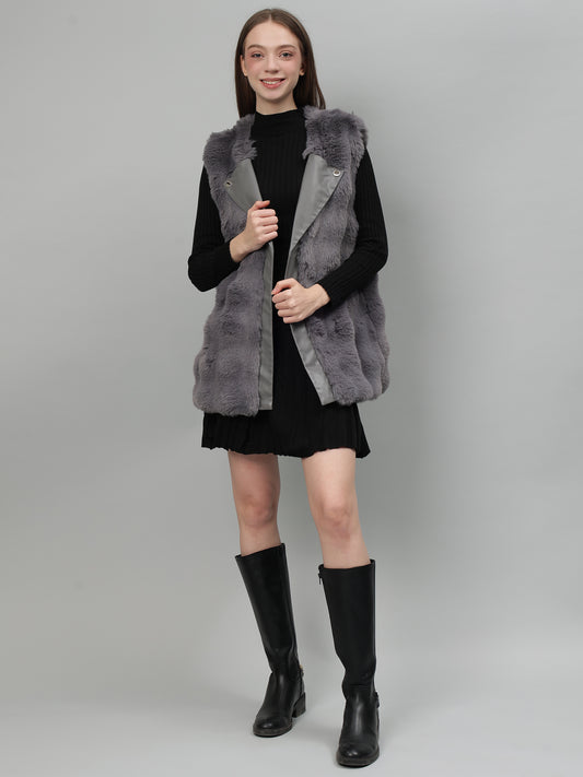 Gaiia Sleeveless Faux Fur Jacket With Leather Lapel