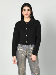 Gaiia Women Solid Woolen Boxy Cardigan